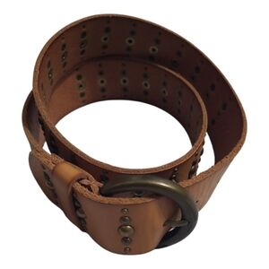 Talbots Tan Leather Studded Belt with Round Antique Brass Buckle